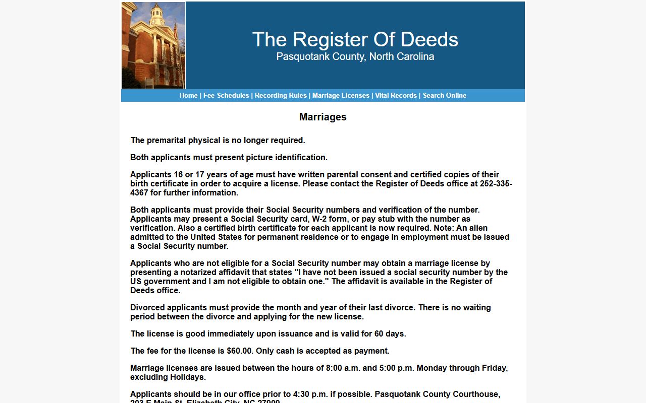Pasquotank County marriage license requirements page