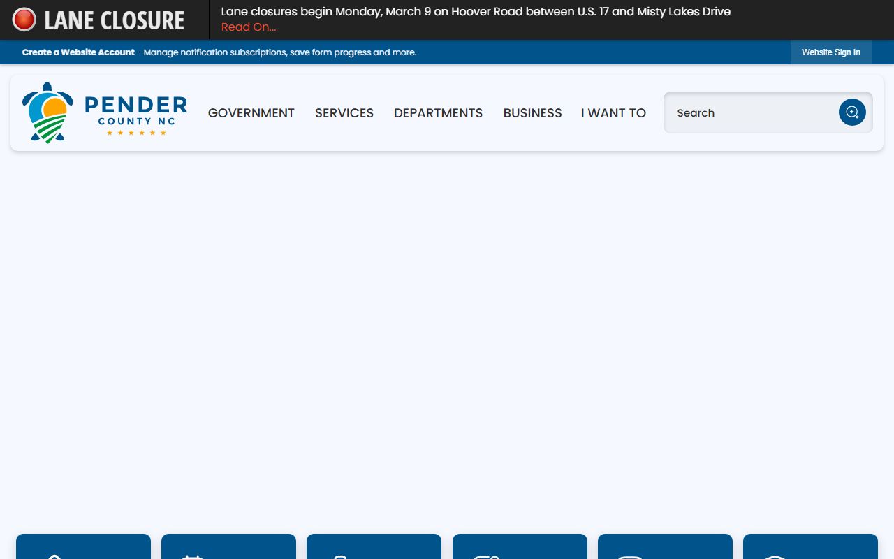 Pender County website homepage for marriage license records
