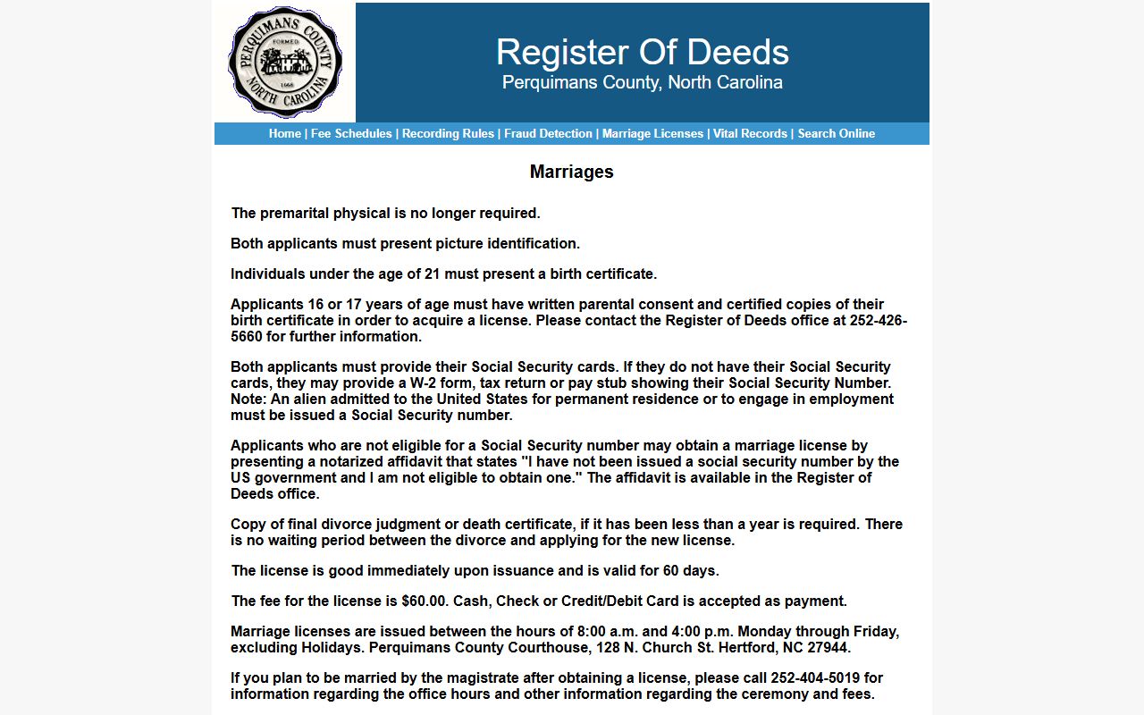 Perquimans County marriage license application requirements page