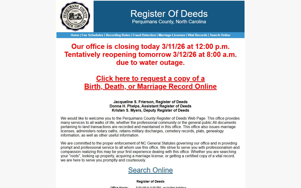 Perquimans County Register of Deeds website for marriage license records