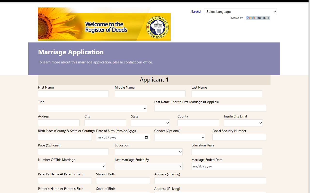 Pitt County online marriage license application form