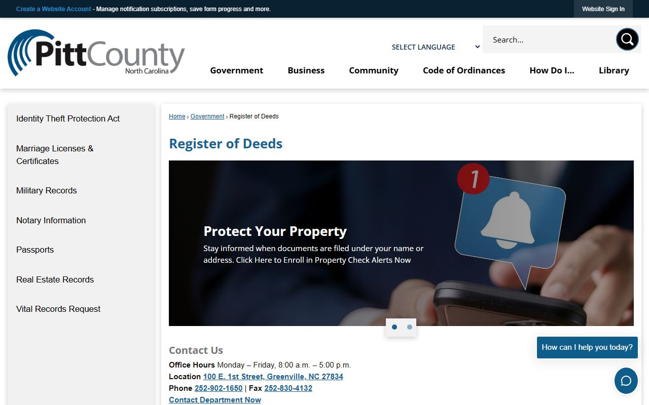 Pitt County Register of Deeds website for marriage license records
