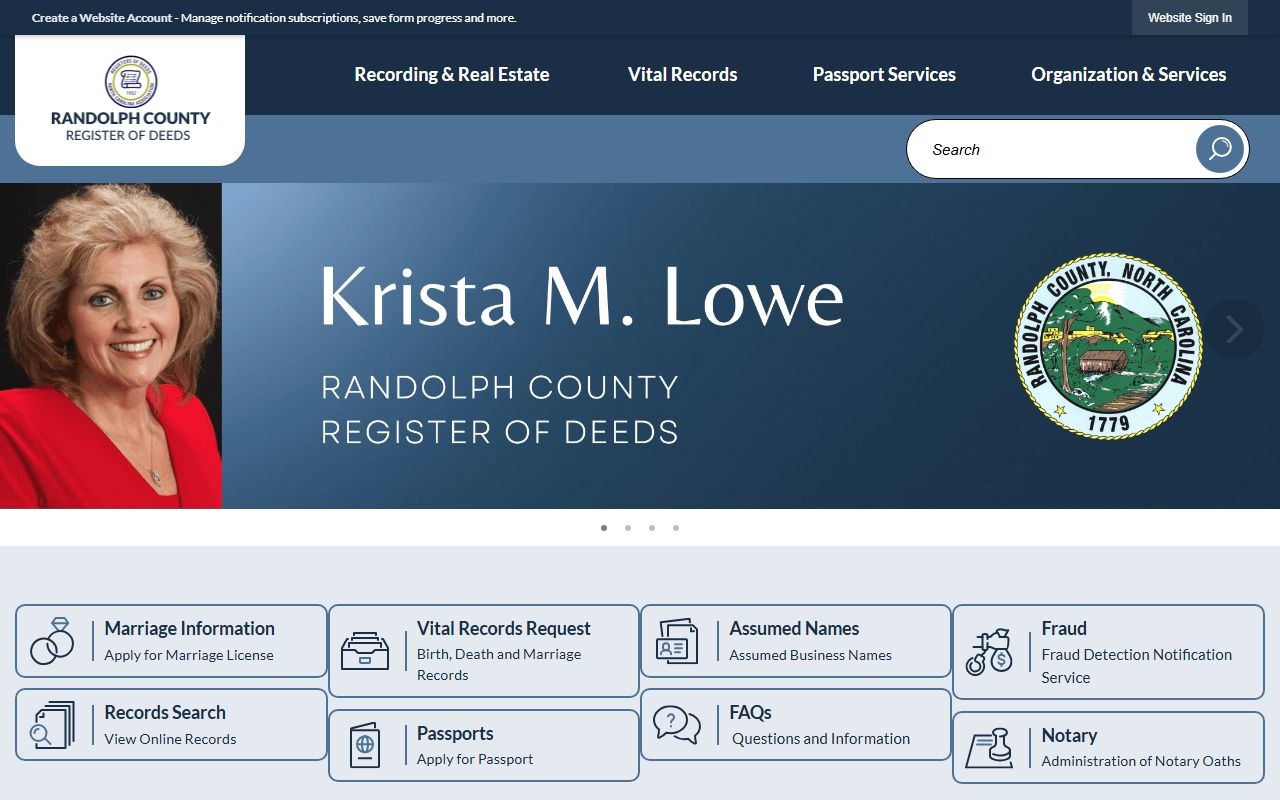 Randolph County Register of Deeds website for marriage license records