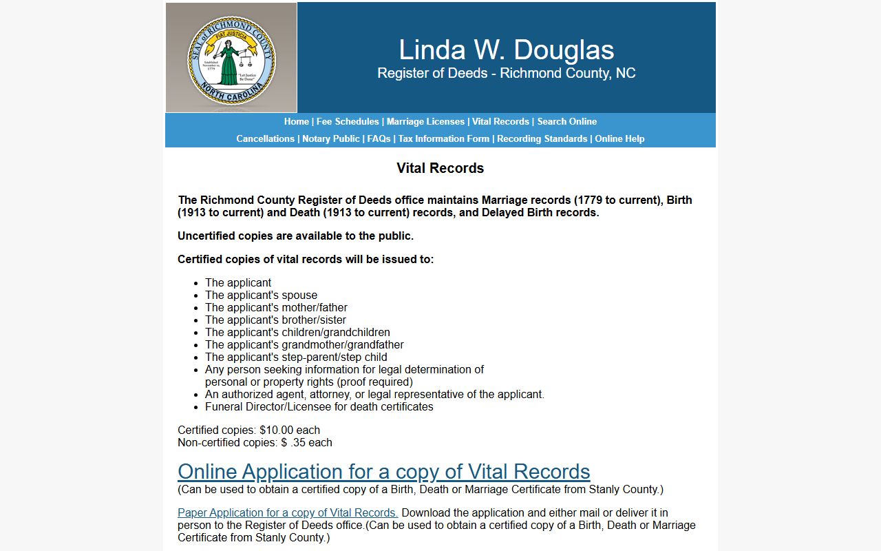 Richmond County vital records page for marriage license records