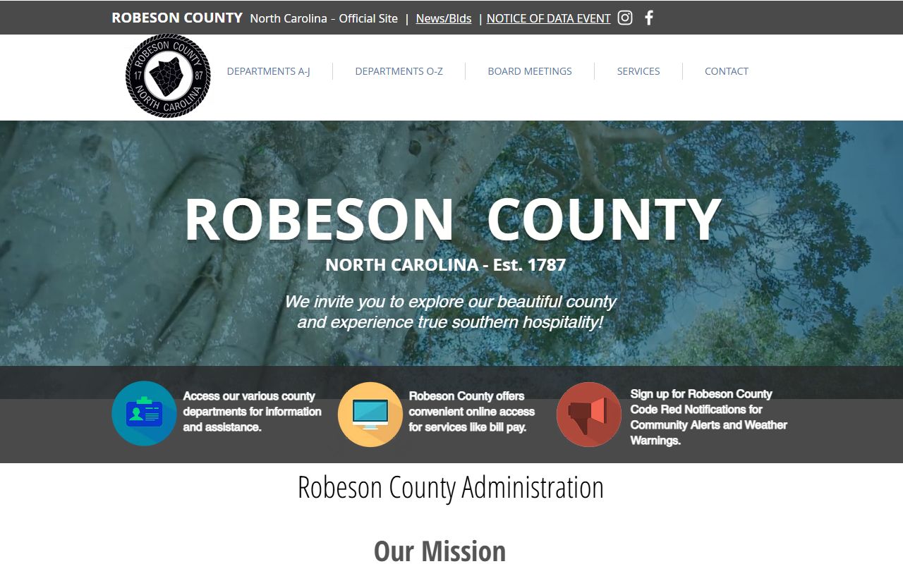 Robeson County website homepage for marriage license records