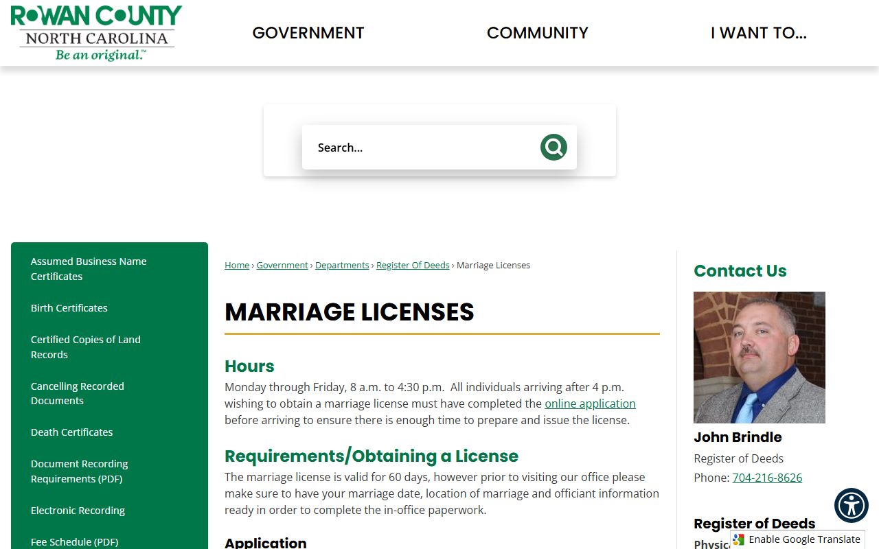 Rowan County marriage license page for application details