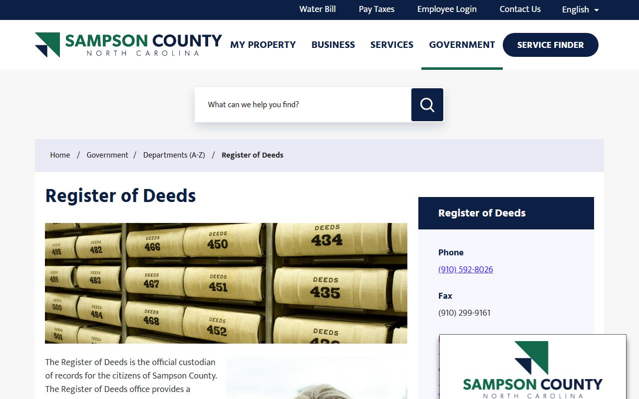 Sampson County Register of Deeds homepage for marriage license information