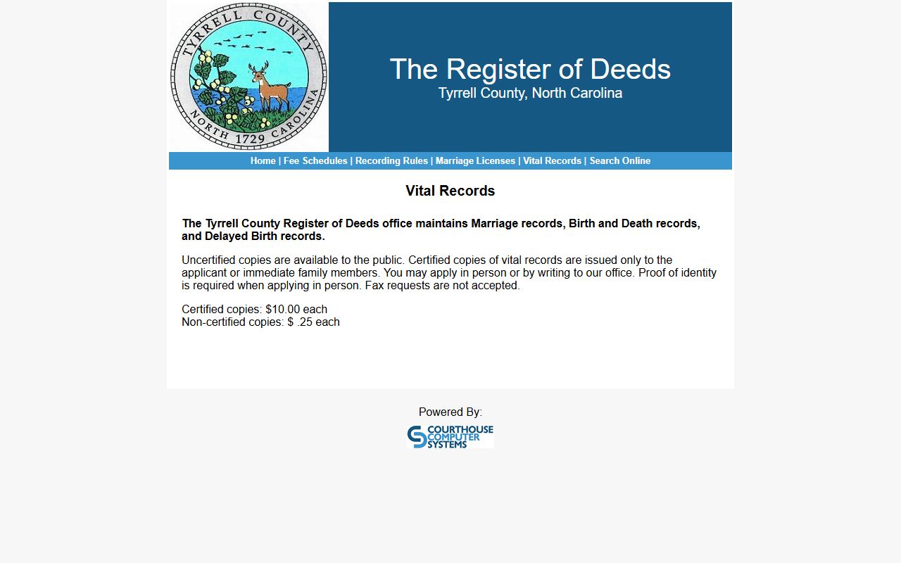 Tyrrell County vital records page for marriage license information