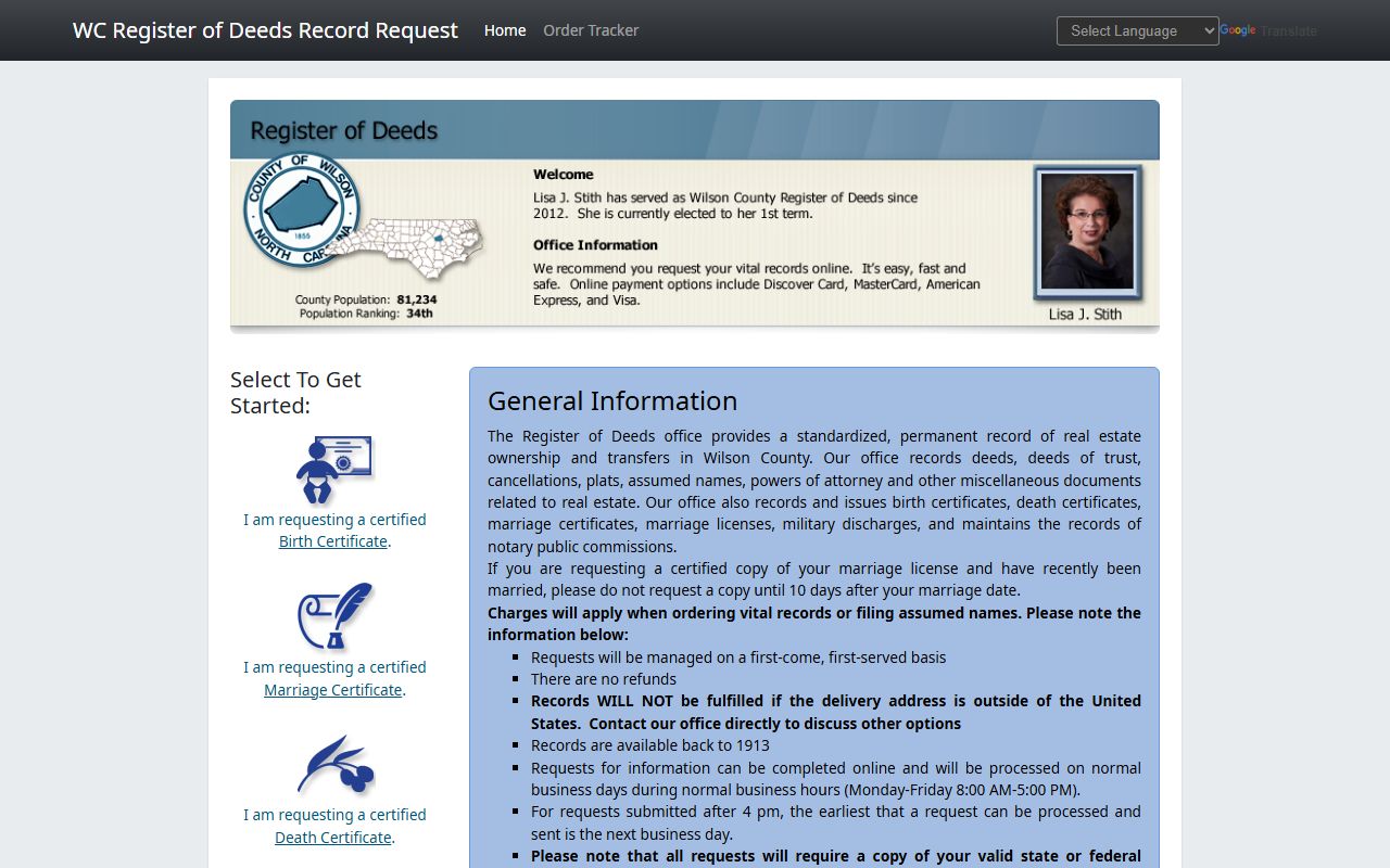 Wilson County online vital records ordering portal for marriage license certificates