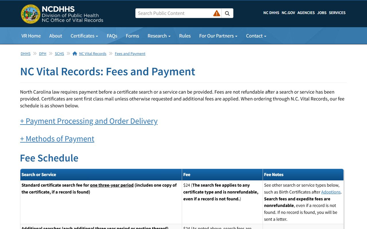 North Carolina Vital Records fee schedule for marriage license records