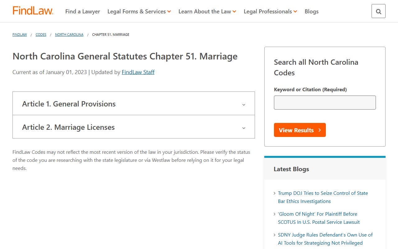 FindLaw reference for North Carolina Chapter 51 marriage license statutes