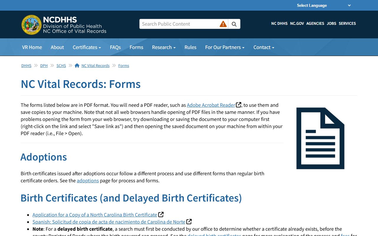 North Carolina Vital Records forms download page for marriage license applications