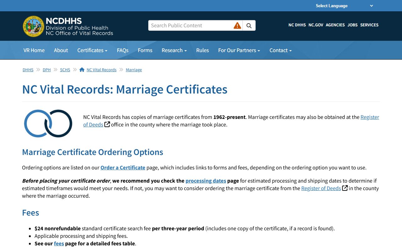 North Carolina Vital Records marriage certificate request page