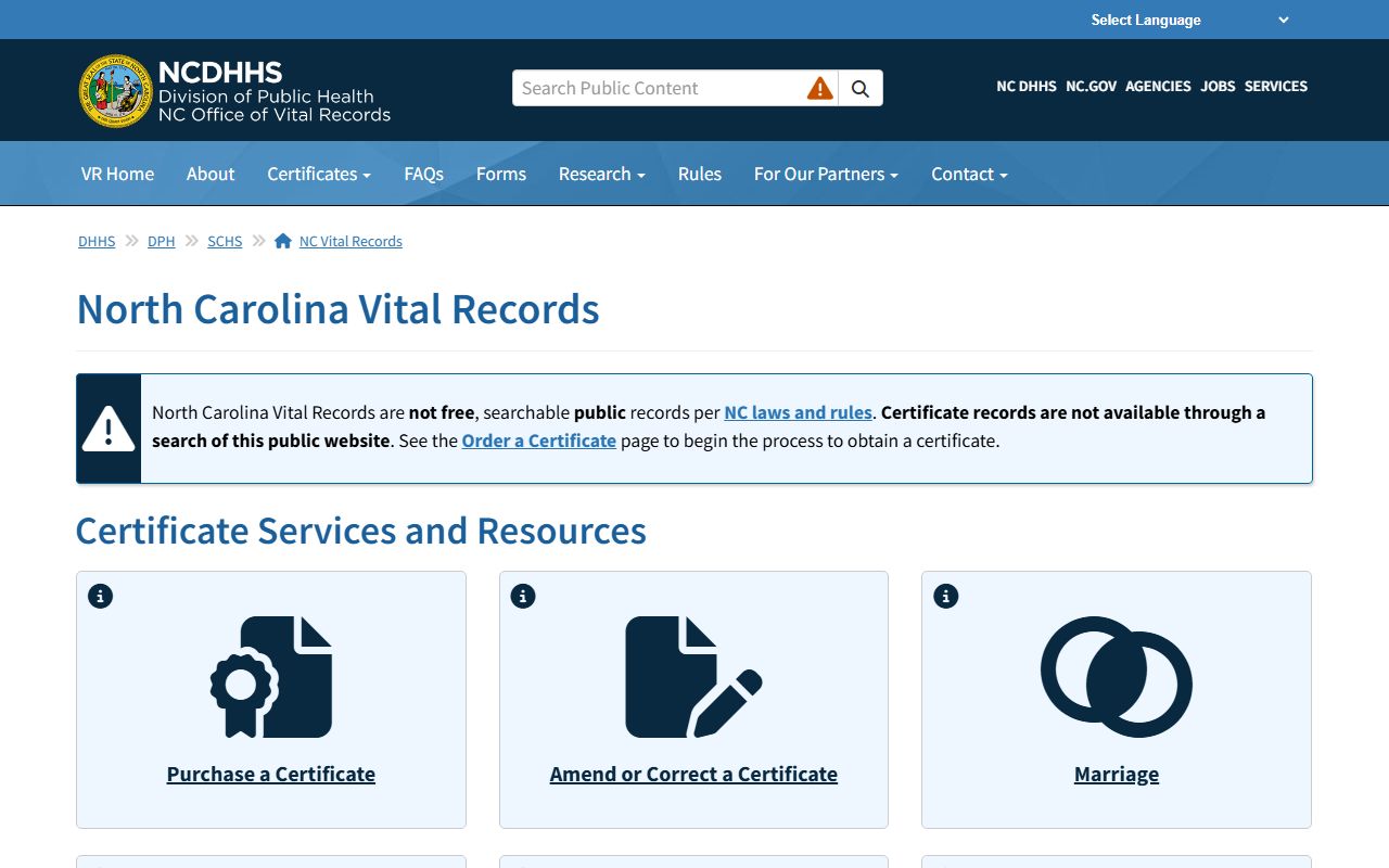 North Carolina Vital Records homepage for marriage license certificate orders