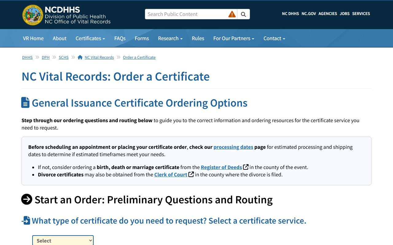 North Carolina marriage license ordering information page
