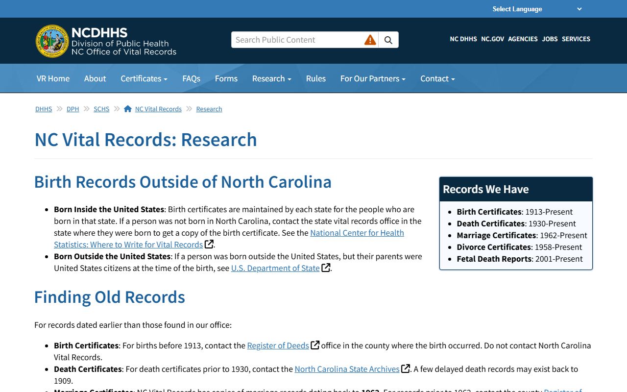 North Carolina Vital Records research page for marriage license genealogy