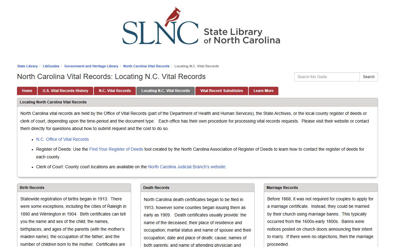North Carolina State Library guide to locating marriage license records